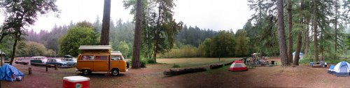Photo-stitched panoramic view of campground.  A little less than 180-degree view.
