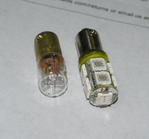 Close-up comparison of the incandescent bulb (left) and the LED replacement (right).
