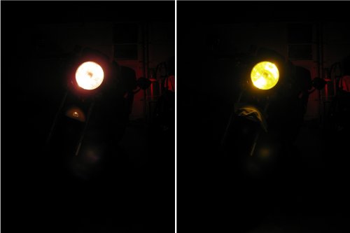 Night-time, parking lamp only
Comparison of the two bulbs in the dark.  On the left is the standard incandescent and on the right is the LED unit.
