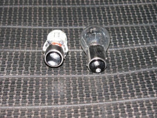 LED unit on the left, stock bulb on the right.  The LED unit is part number 1157-R45-T from http://www.superbrightleds.com
