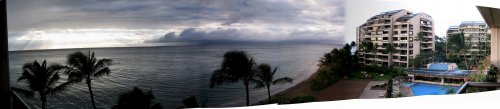 The evening view from our balcony.  Stitched panoramic view.
