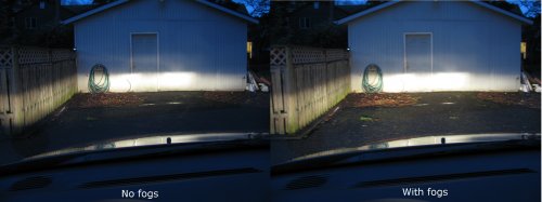 Fogs comparison with low beams on
Left picture is with the fogs off -- Right picture is with the fogs on.
