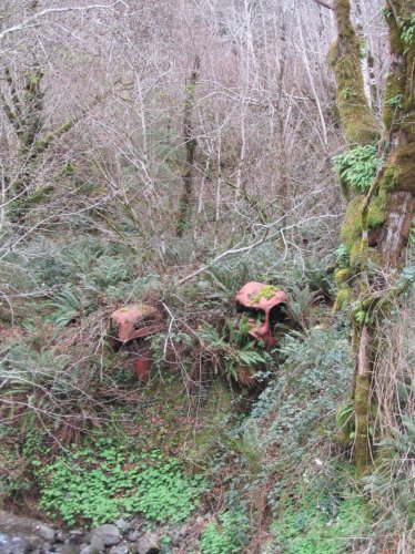 A couple of abandoned trucks in a stream valley.
