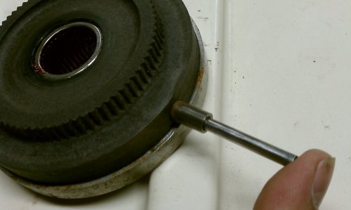 The new pin in the hole, ready for welding.
