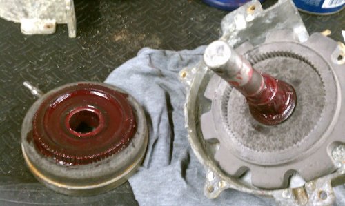 Bearing grease (red) applied on the planetary teeth for mating to the rearward gear.  I followed the instructions for the "new" teeth so I hope this is okay for the "old" teeth.  I think it should be.
