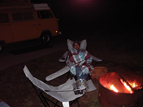 Antonette relaxing next to the camp fire after Ronin went to bed.
