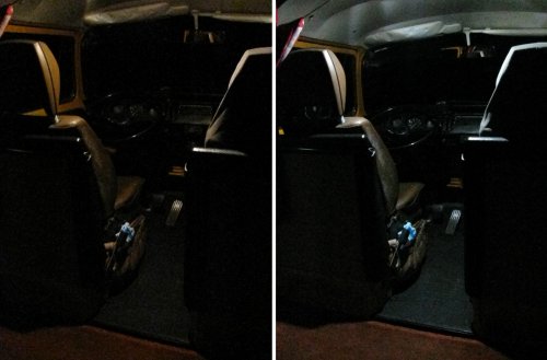 Stock on left, LED on right.  Front light on only, looking forward.
