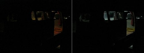 Stock on left, LED on right.  Looking at the Bus from the right rear corner.
