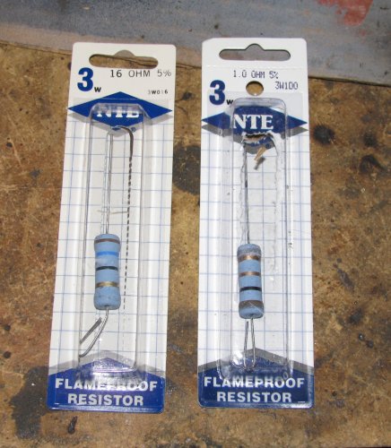 Here are the resistors...beefy!  They are 3 watts each.  If you use a smaller wattage resistor they will get hot!!  These will get warm but not hot.  One is 1-ohm and the other 16-ohms.  You wire them in series so you get a total of 17-ohms resistance.  So you can use any combination of resistors you want, just shoot for 17-ohms.  This puts my gas gauge needle right on the first white mark (left side) of the red Reserve section but the needle will go a little past the Full mark when the tank is topped up.  Add more resistance to have the needle move down more but I'm guessing that a total of 20-ohms would be the max to use.
