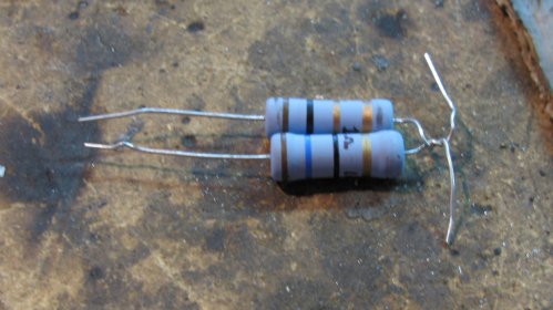 (continued) The resistors came as a two-pack and were $1.25 each ($3.50 total for 4 resistors).

My "resistor pack".  I wrapped the wires together so they will be in series...
