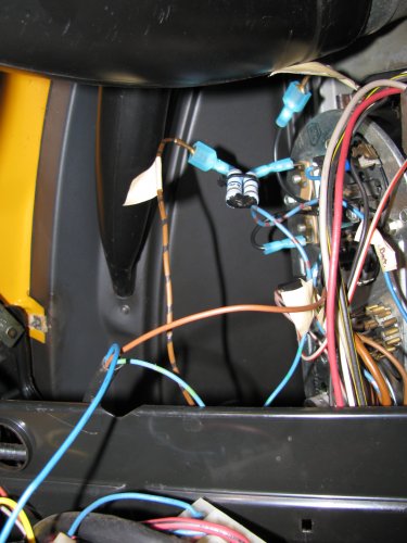 What it looks like under the dash when put back together.  The resistors aren't touching anything and there's no tension on them.
