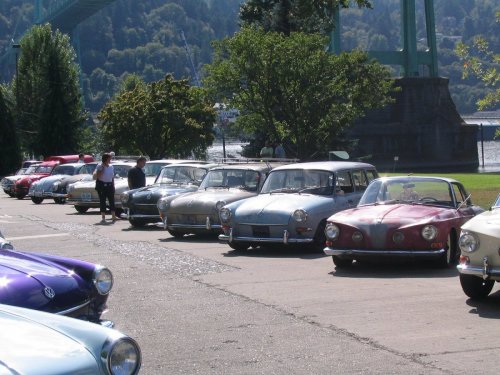 Lined up on the street with the St. John's park and Willamette River in the background.
