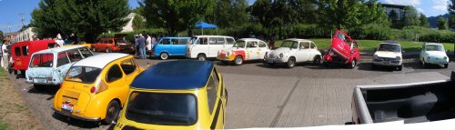 Stitched panorama of the micro-cars and dubs.
