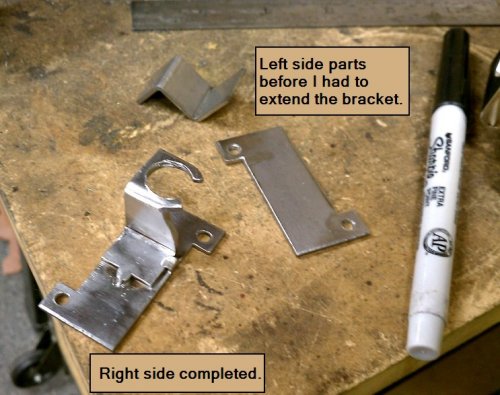 Due to the accessory plug on the left side the left bracket couldn't be a mirror image of the right side.  I ultimately had to weld another piece of metal to bridge the original pieces, moving the resistor mounting plate further inboard and to the rear.
