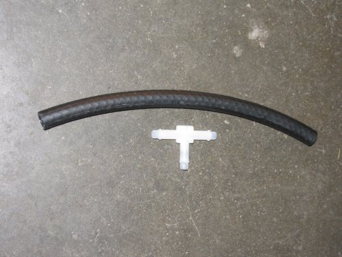 What you need:  A barbed "T"-fitting that's 1/4" at each end.  I used an 8" piece of fuel line instead of cutting the original drainage hose.
