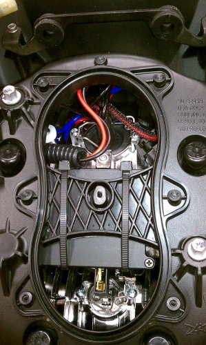 Done!  I used a piece of wire sleeve tubing (that black ribbed bit) to protect the power wires from rubbing against the zip-tie and hourglass brace.  Most likely it's not necessary but while I was in there...just in case....
