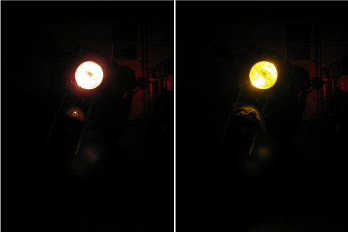 Night-time, parking lamp only
Comparison of the two bulbs in the dark.  On the left is the standard incandescent and on the right is the LED unit.
