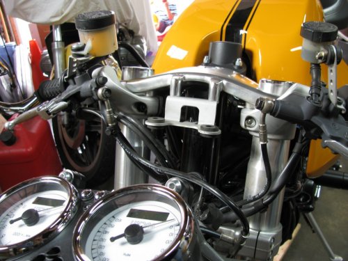 Detail of the top triple tree with stock clip-ons.
