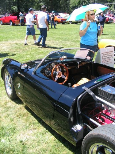 Owner standing next to her sexy, slinky car.
