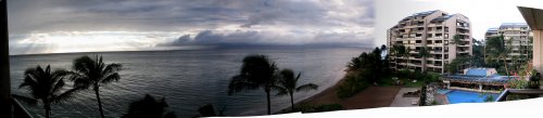 The evening view from our balcony.  Stitched panoramic view.
