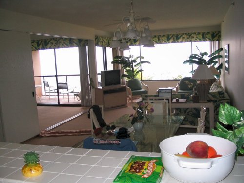 From the kitchen looking out into the dining/living rooms.

Due to the humidity, things took longer to dry - if they would even air dry, that is.  I would normally toss my towels and swim trunks in the dryer after using them to speed this process up.
