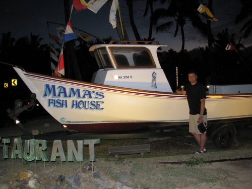 Arrived!  Mama's Fish House!  Amazing food, beautiful sunset, nice view, and excellent company.
