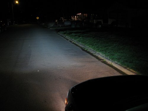 After - Low beams and fogs, standing next to the B-pillar and looking forward.
