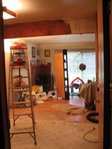During demolition:  Pocket doors removed, sheet rock and wood removed.  That big ol' header is next to come down!
