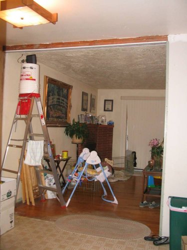 During construction:  Building side wall and capping dining/living room divider.
