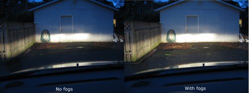 Fogs comparison with low beams on
Left picture is with the fogs off -- Right picture is with the fogs on.

