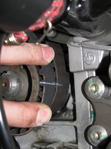 With the horizontal (front) cylinder belt removed I lined up my replacement belt for the vertical cylinder and marked it.
