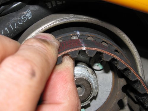 At the top pulley you mark the replacement belt perfectly with the mark on the old belt.  You can now remove the vertical belt and quickly replace it with the new belt, followed by the horizontal belt.  Adjust the belt tension and then go ride!
