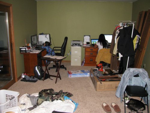 But being the coolest engineer also means having to work evenings, bummer!  Ronin is keeping her company by watching Spiderman cartoons on YouTube.com.  Boy, that den sure was messy!
