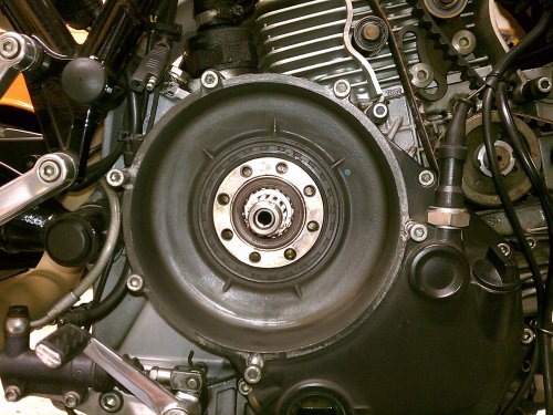 Empty clutch housing, ready for the new unit.
