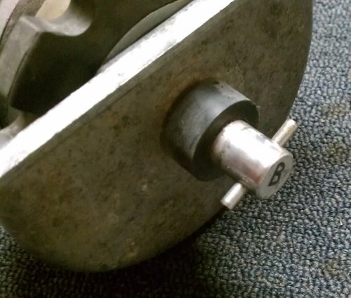 Reference:  Rear gear box, front side.
Front side of rear gear box.  Steel roll pin is 3/16" x 1-1/4".  This is where the drive shaft fits.
