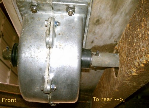 Reference shot
Forward mounted gear box.  On left side of trailer looking to the right side.  Notice that I added a steel roll pin to the front of the gear box, just in case I need to crank from the front.
